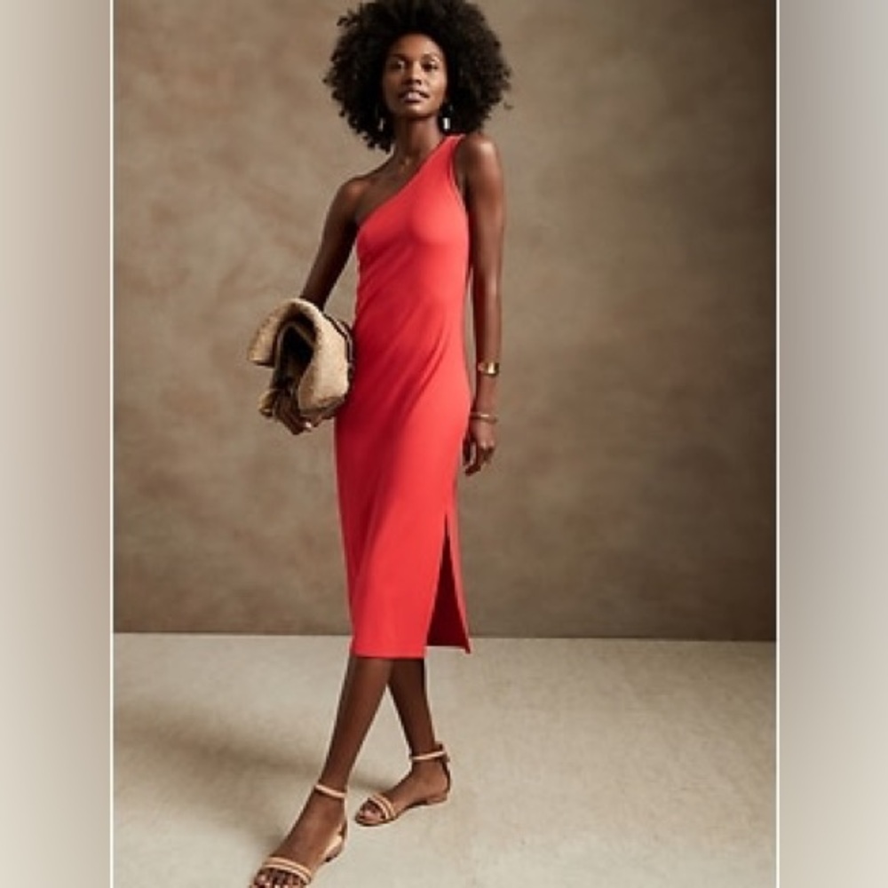 Banana Republic Ribbed One-Shoulder Dress Slit Poppy
